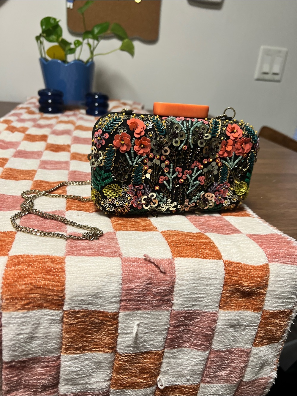 Embroidered Floral Beaded Clutch Bag in Black and Coral